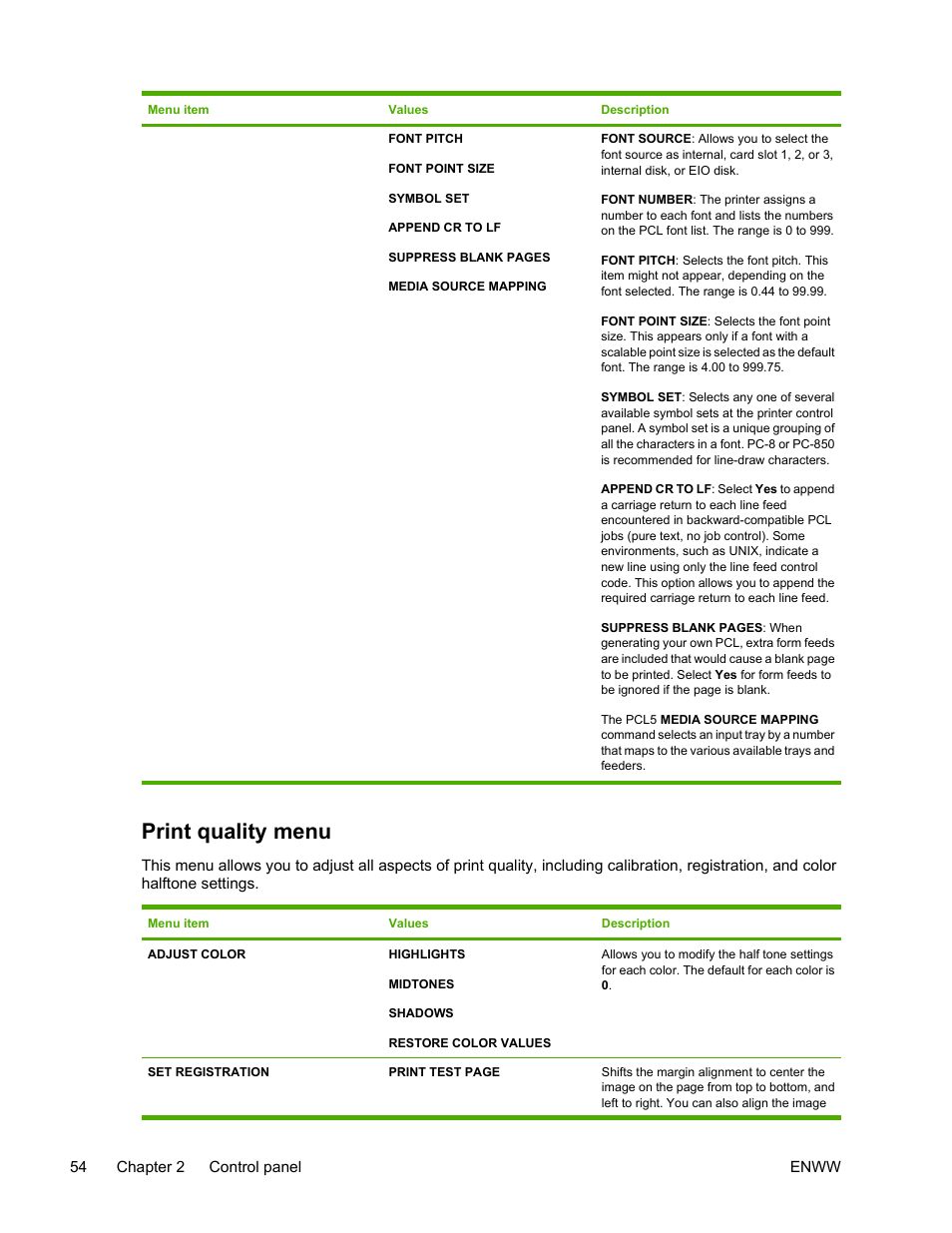 Print quality menu | HP Color LaserJet 4700 Printer series User Manual | Page 70 / 330