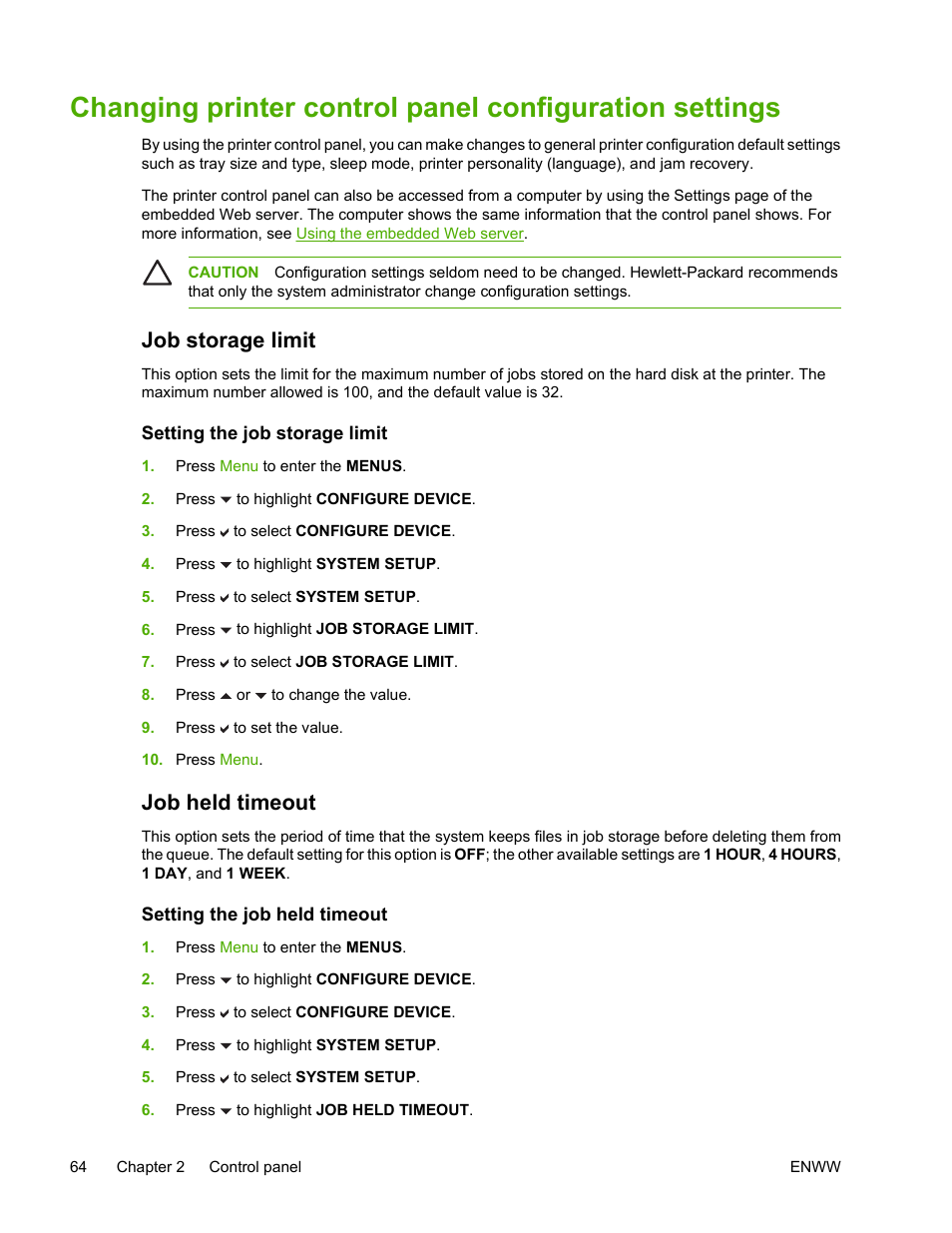 Job storage limit, Setting the job storage limit, Job held timeout | Setting the job held timeout | HP Color LaserJet 4700 Printer series User Manual | Page 80 / 330