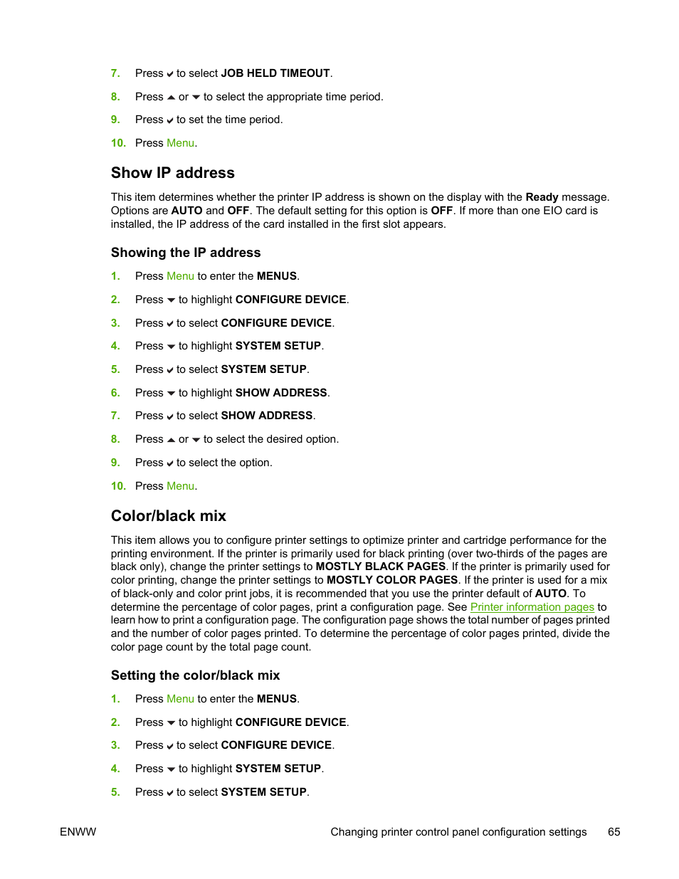 Show ip address, Showing the ip address, Color/black mix | Setting the color/black mix | HP Color LaserJet 4700 Printer series User Manual | Page 81 / 330