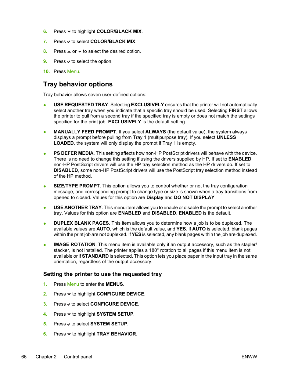 Tray behavior options, Setting the printer to use the requested tray | HP Color LaserJet 4700 Printer series User Manual | Page 82 / 330