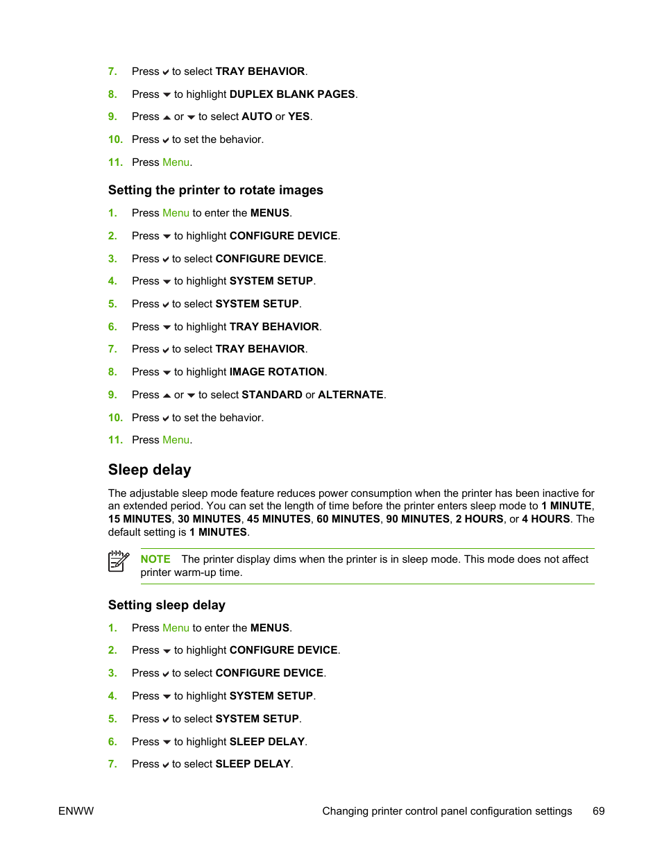 Setting the printer to rotate images, Sleep delay, Setting sleep delay | HP Color LaserJet 4700 Printer series User Manual | Page 85 / 330