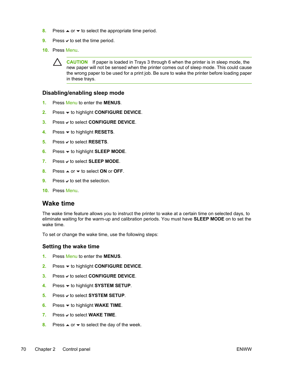 Disabling/enabling sleep mode, Wake time, Setting the wake time | HP Color LaserJet 4700 Printer series User Manual | Page 86 / 330