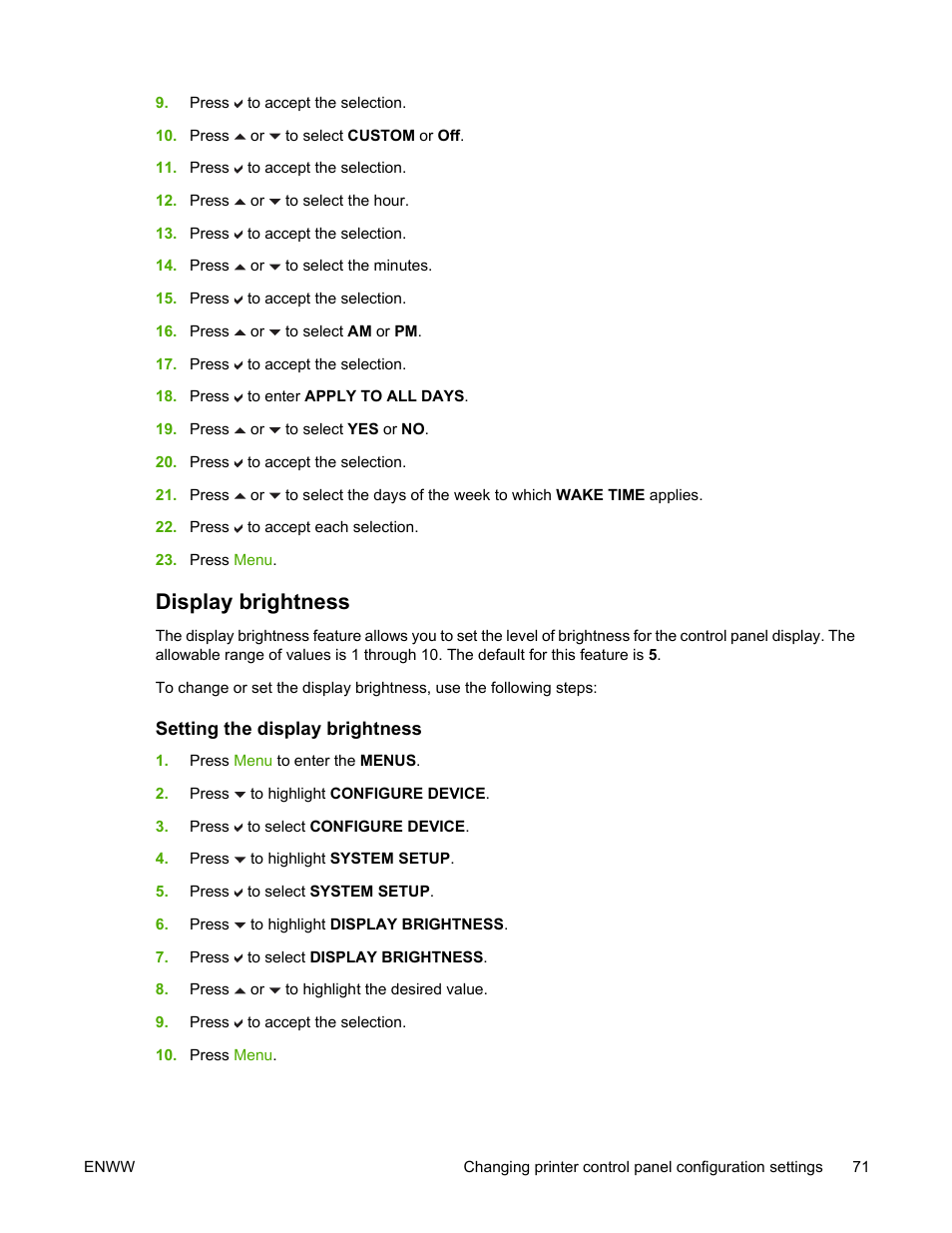 Display brightness, Setting the display brightness | HP Color LaserJet 4700 Printer series User Manual | Page 87 / 330