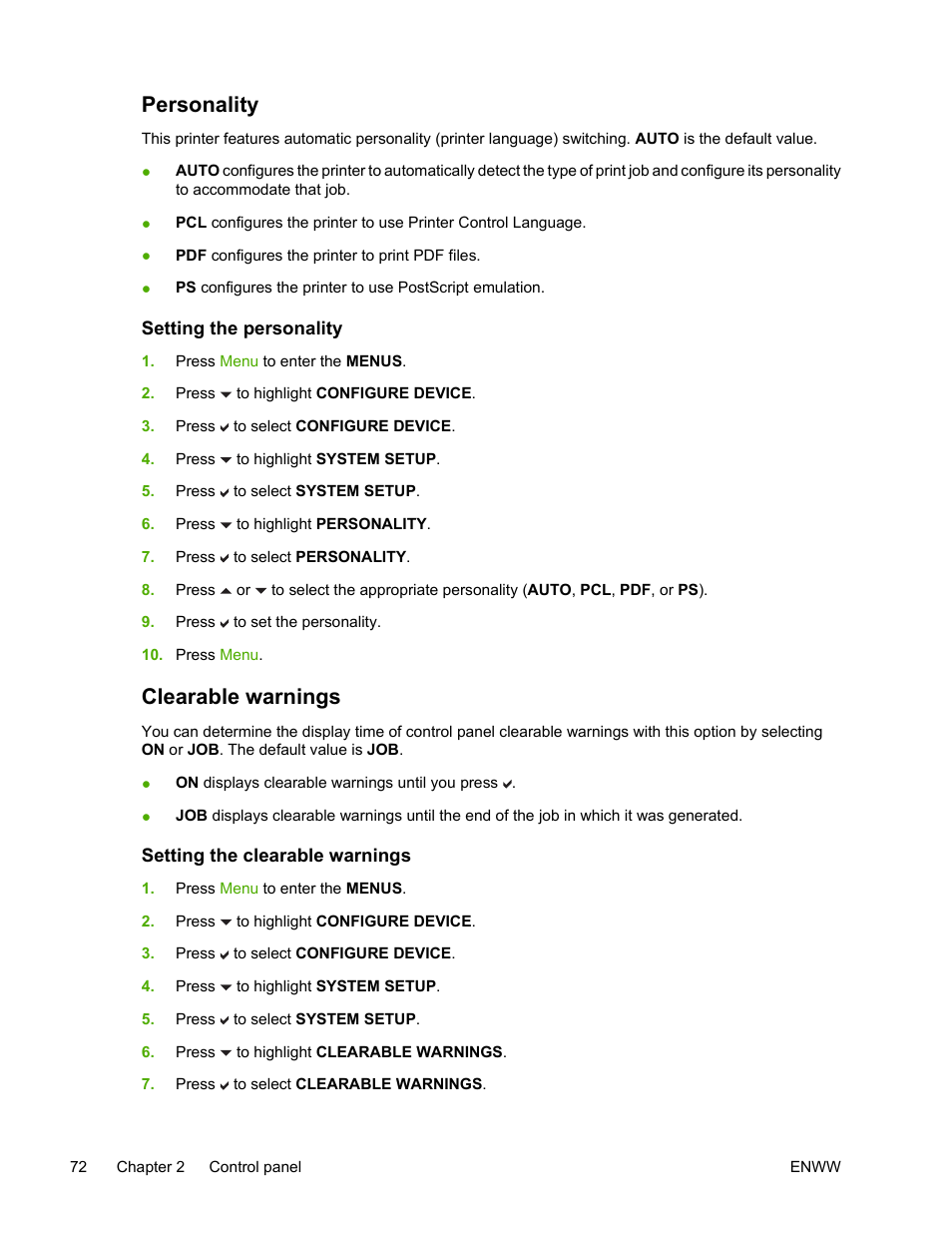 Personality, Setting the personality, Clearable warnings | Setting the clearable warnings | HP Color LaserJet 4700 Printer series User Manual | Page 88 / 330
