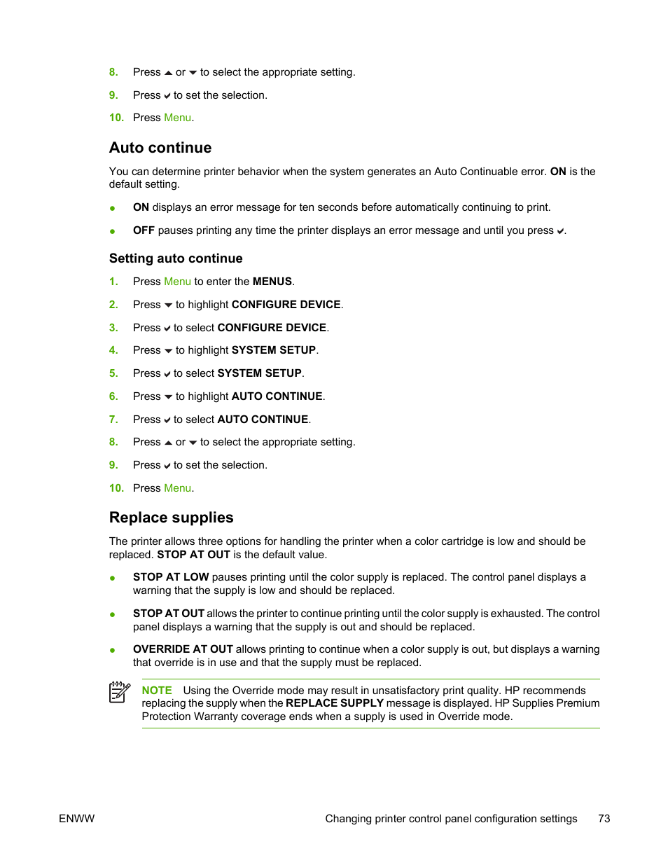 Auto continue, Setting auto continue, Replace supplies | HP Color LaserJet 4700 Printer series User Manual | Page 89 / 330