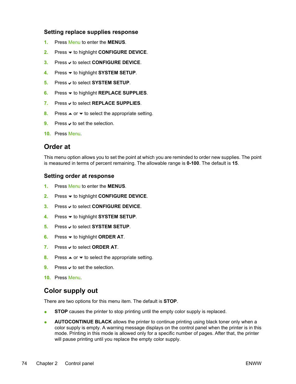 Setting replace supplies response, Order at, Setting order at response | Color supply out | HP Color LaserJet 4700 Printer series User Manual | Page 90 / 330
