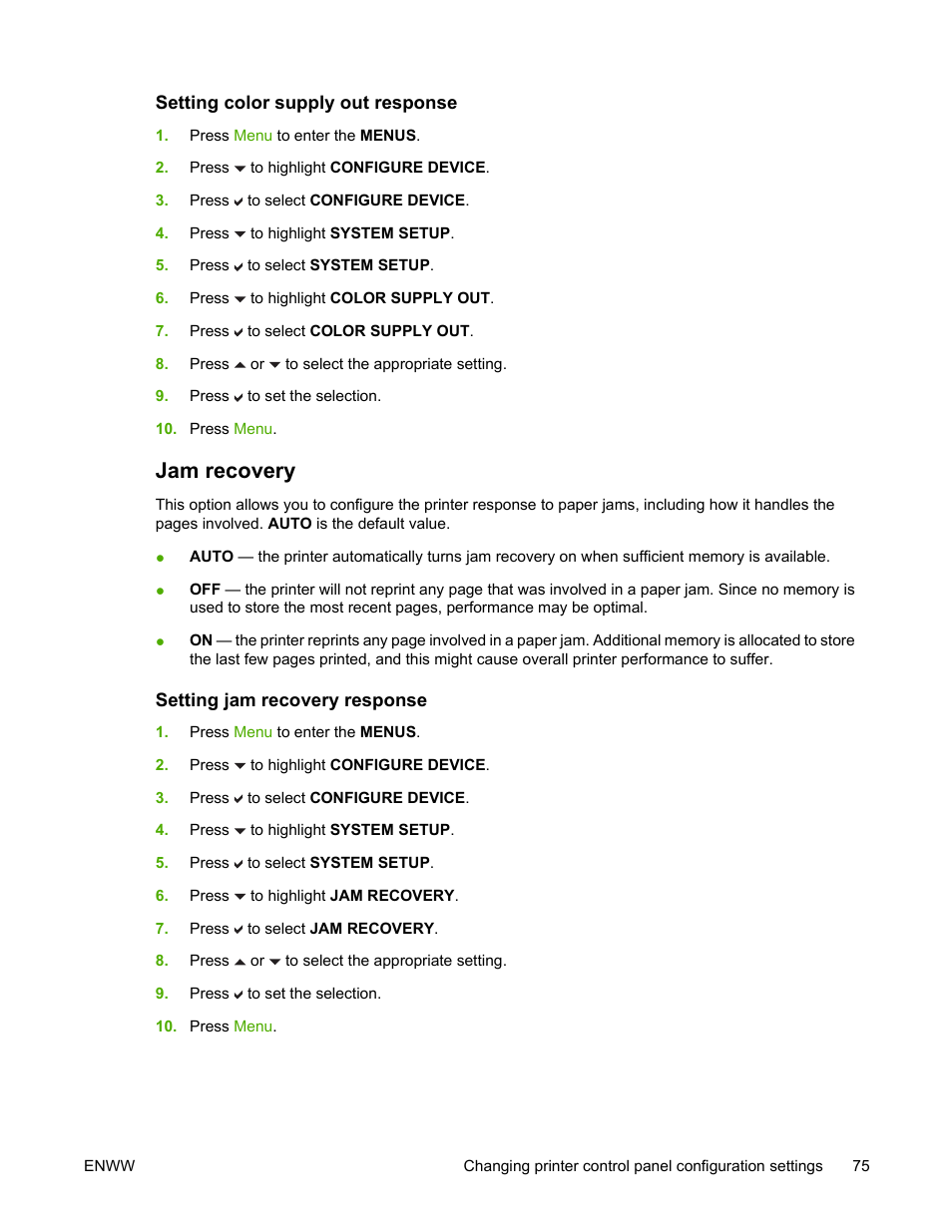 Setting color supply out response, Jam recovery, Setting jam recovery response | HP Color LaserJet 4700 Printer series User Manual | Page 91 / 330