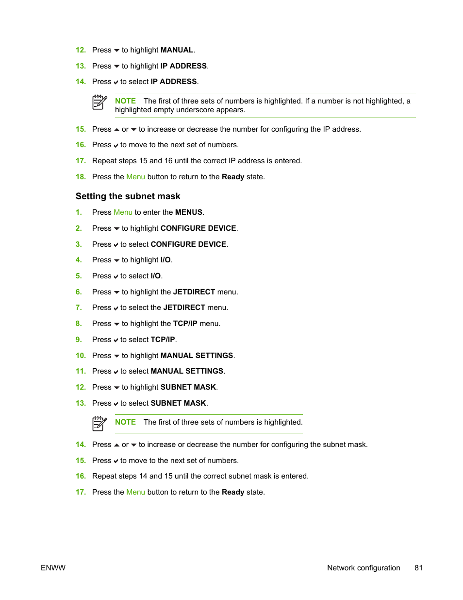 Setting the subnet mask | HP Color LaserJet 4700 Printer series User Manual | Page 97 / 330