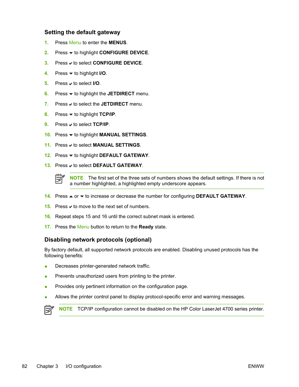 Setting the default gateway, Disabling network protocols (optional) | HP Color LaserJet 4700 Printer series User Manual | Page 98 / 330