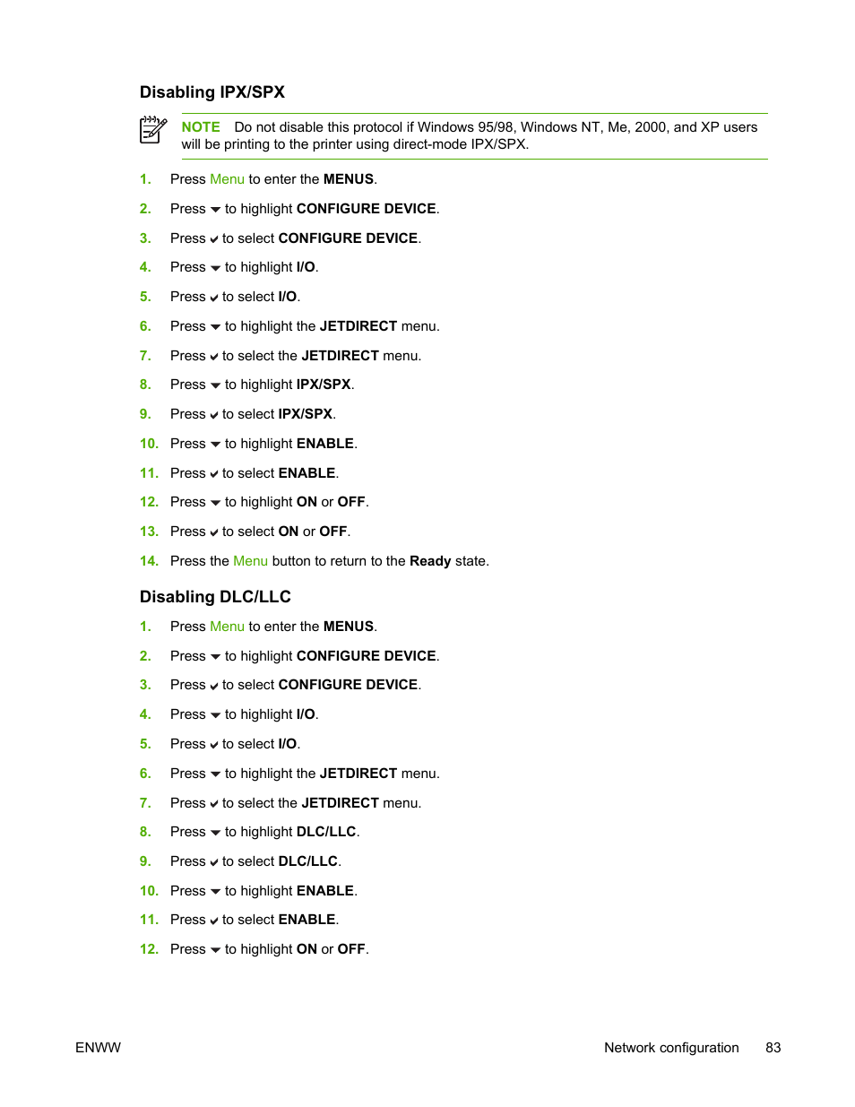 Disabling ipx/spx, Disabling dlc/llc, Disabling ipx/spx disabling dlc/llc | HP Color LaserJet 4700 Printer series User Manual | Page 99 / 330