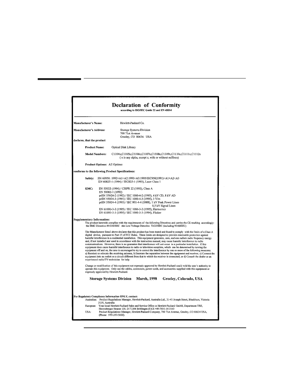 Declaration of conformity | HP Surestore 660ex Optical Jukebox User Manual | Page 122 / 130