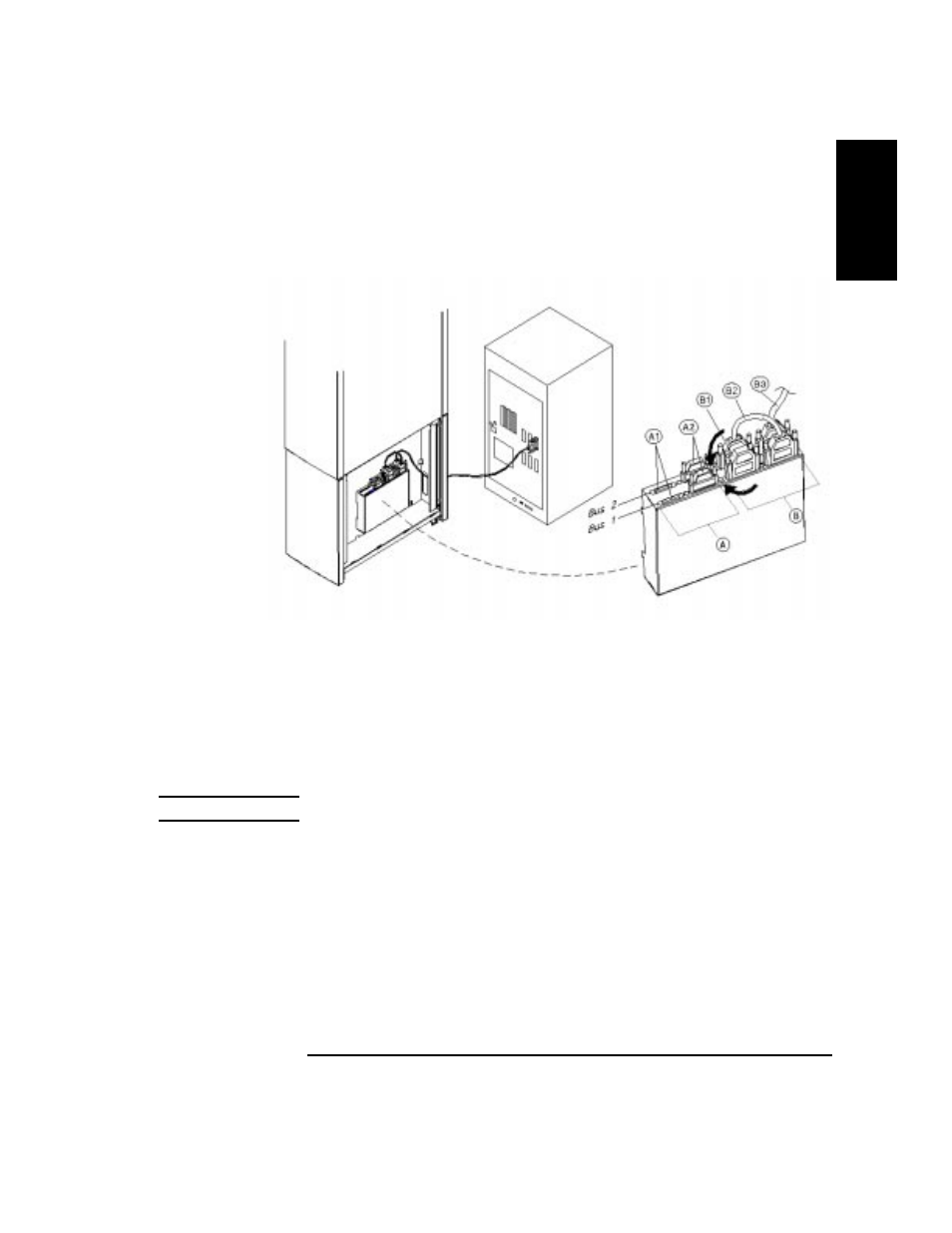 Figure 1-4 connecting a 10-drive jukebox, one host, Terminate the daisy-chained bus by plugging a t, A differential interface port uses a 68-pin high-d | The same cabling can be done using the single-ende, Caution do not daisy-chain between single-ended an, Plug a scsi terminator into one of scsi ports o, Use a 50-pin high-density active terminator for th, To continue with the installation, go to “conne, Bus 1 and 2 daisy-chained, lun addressing -15 | HP Surestore 660ex Optical Jukebox User Manual | Page 27 / 130