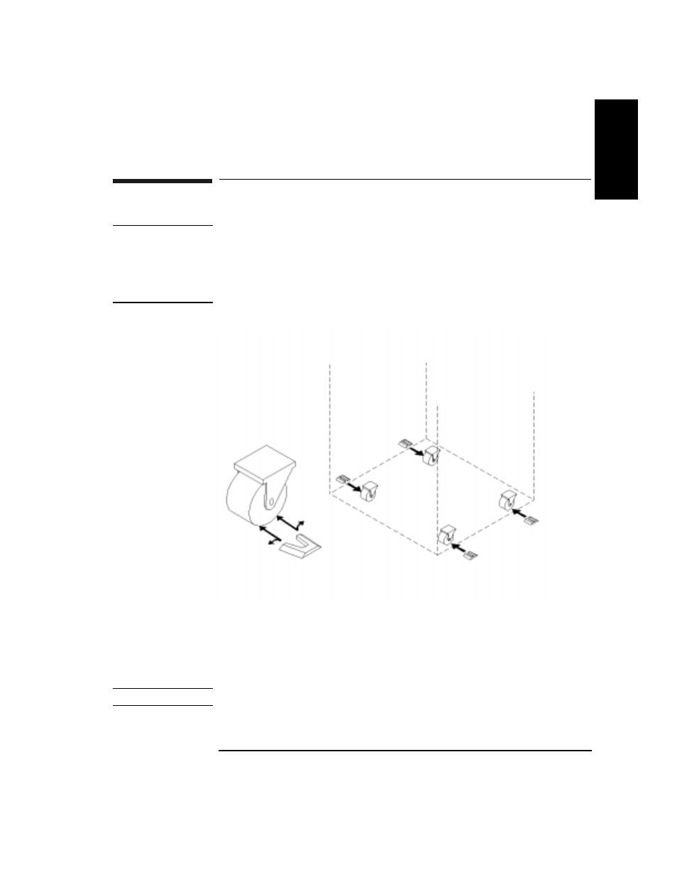 Wheel chocks, Installing the wheel chocks, Chocks | Warning this jukebox rolls easily and could cause, Four wheel chocks are provided to stabilize the ju, Figure 1-5 installing the wheel chocks, After all cables and panels are mounted, roll t, Spread the chock apart slightly and slide it ar, Repeat step 2 for the remaining three wheels, Note this is the last step in the physical install | HP Surestore 660ex Optical Jukebox User Manual | Page 31 / 130