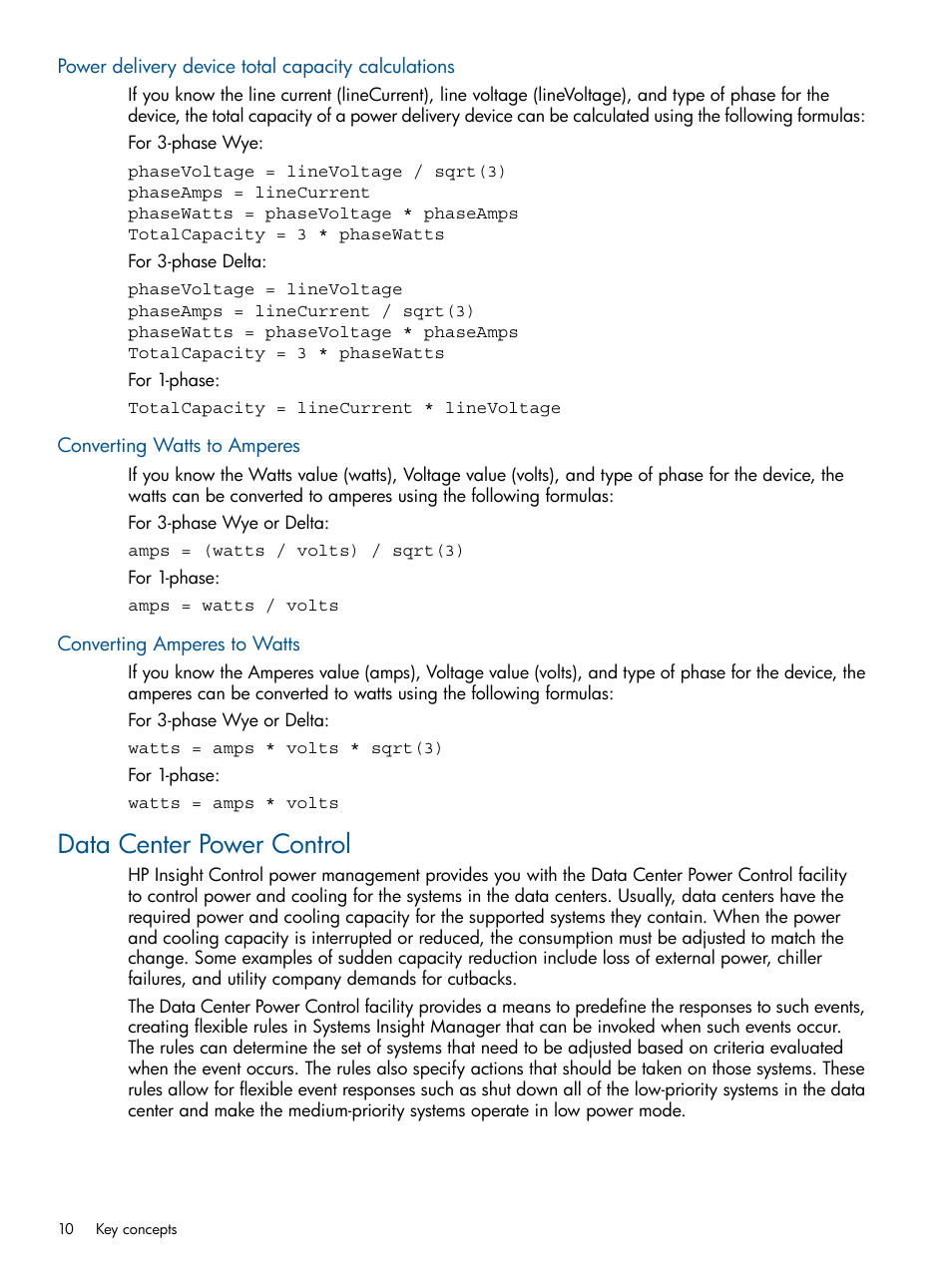 Power delivery device total capacity calculations, Converting watts to amperes, Converting amperes to watts | Data center power control | HP Insight Control User Manual | Page 10 / 45