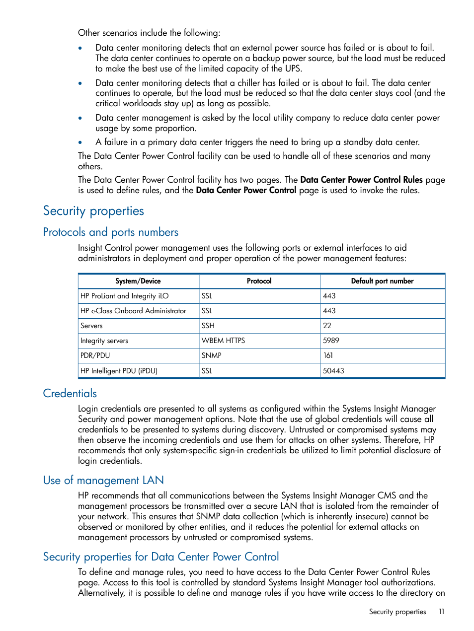 Security properties, Protocols and ports numbers, Credentials | Use of management lan, Security properties for data center power control | HP Insight Control User Manual | Page 11 / 45