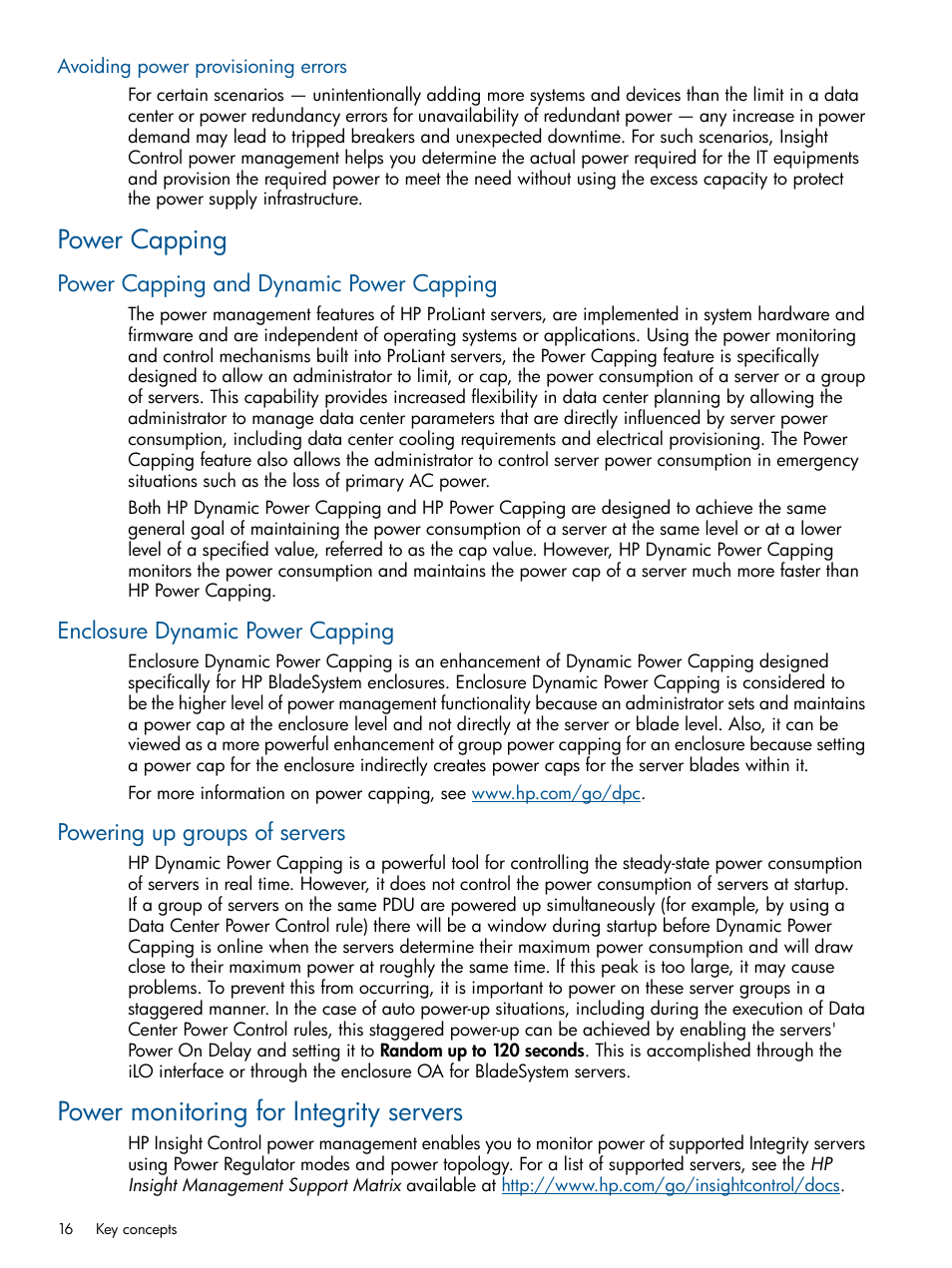 Avoiding power provisioning errors, Power capping, Power capping and dynamic power capping | Enclosure dynamic power capping, Powering up groups of servers, Power monitoring for integrity servers | HP Insight Control User Manual | Page 16 / 45