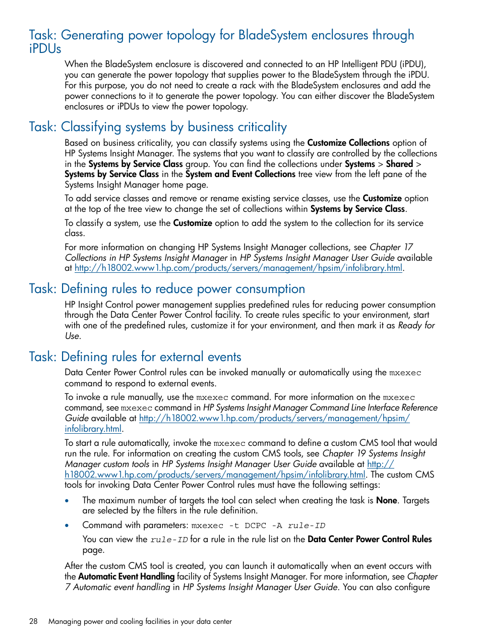 Task: classifying systems by business criticality, Task: defining rules to reduce power consumption, Task: defining rules for external events | HP Insight Control User Manual | Page 28 / 45