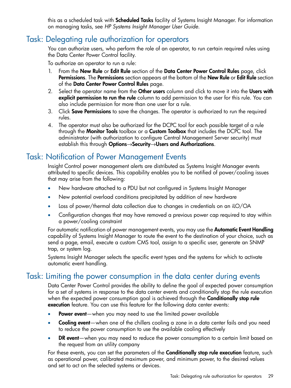 Task: delegating rule authorization for operators, Task: notification of power management events | HP Insight Control User Manual | Page 29 / 45