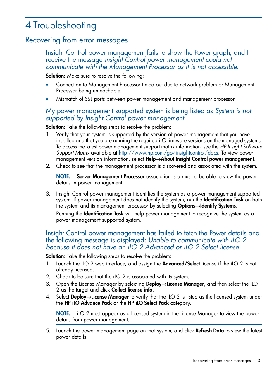 4 troubleshooting, Recovering from error messages | HP Insight Control User Manual | Page 31 / 45