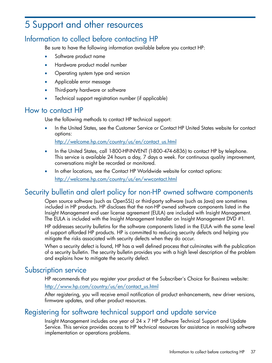 5 support and other resources, Information to collect before contacting hp, How to contact hp | Subscription service | HP Insight Control User Manual | Page 37 / 45