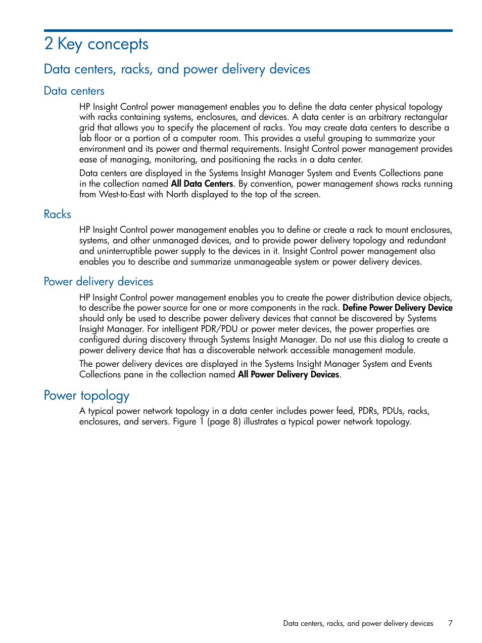 2 key concepts, Data centers, racks, and power delivery devices, Data centers | Racks, Power delivery devices, Power topology, Data centers racks power delivery devices | HP Insight Control User Manual | Page 7 / 45