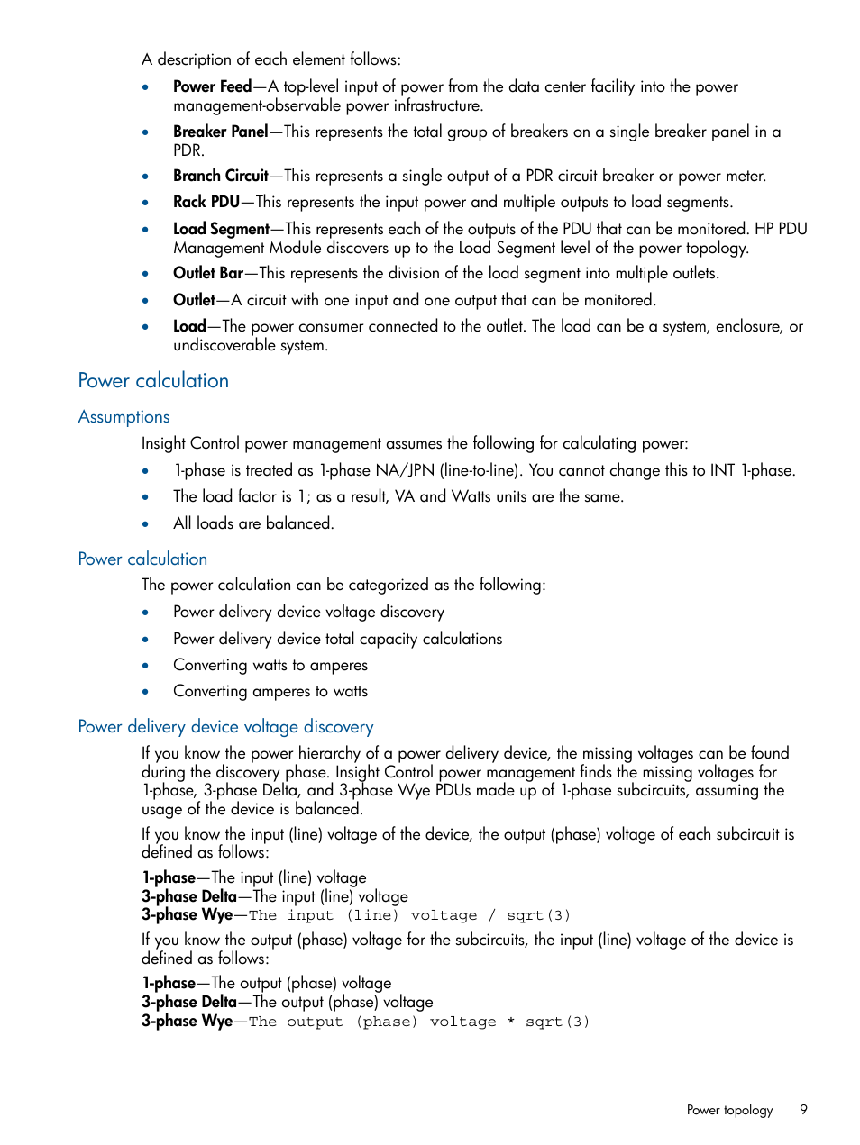 Power calculation, Assumptions, Power delivery device voltage discovery | HP Insight Control User Manual | Page 9 / 45