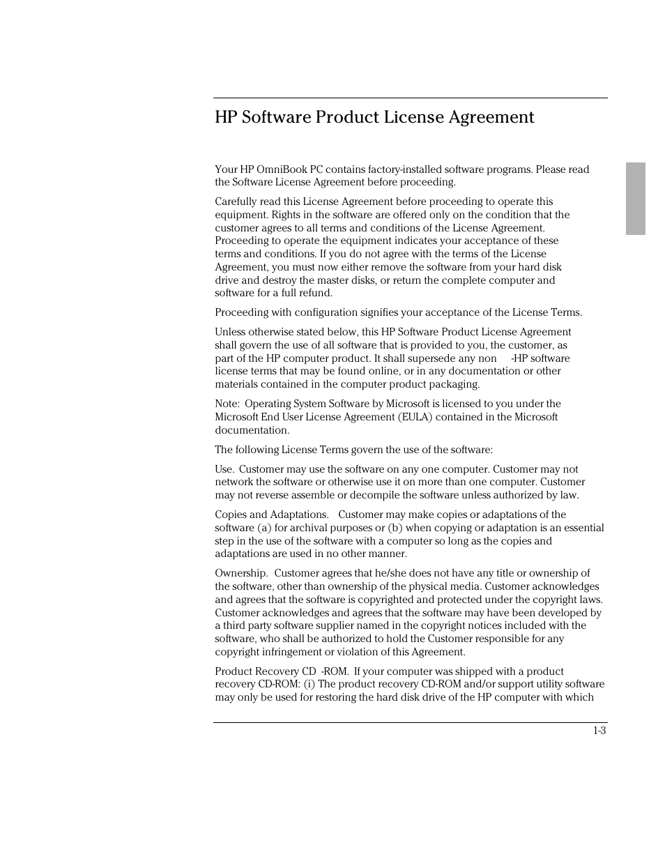 Hp software product license agreement | HP OmniBook 3000 Notebook PC User Manual | Page 3 / 34