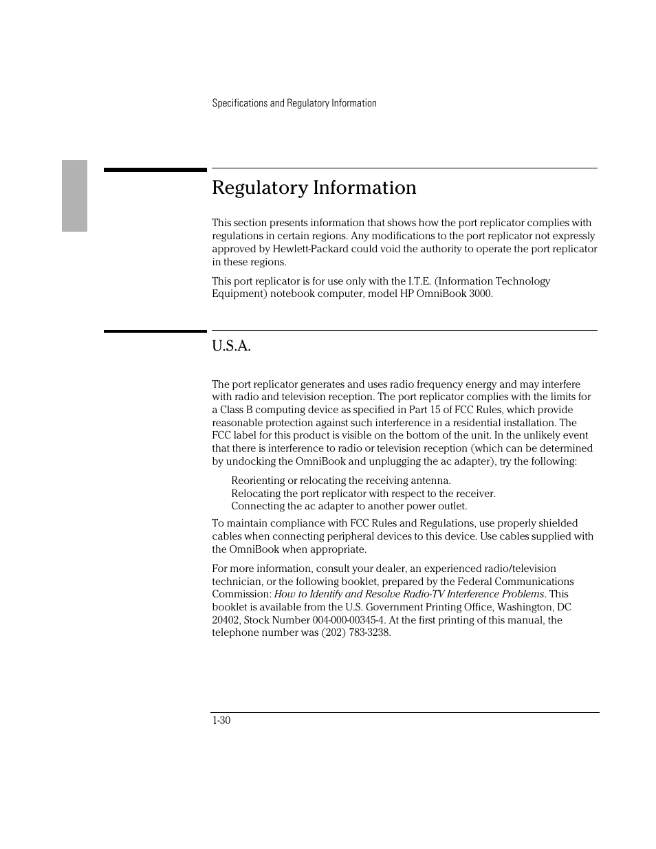 Regulatory information, U.s.a | HP OmniBook 3000 Notebook PC User Manual | Page 30 / 34