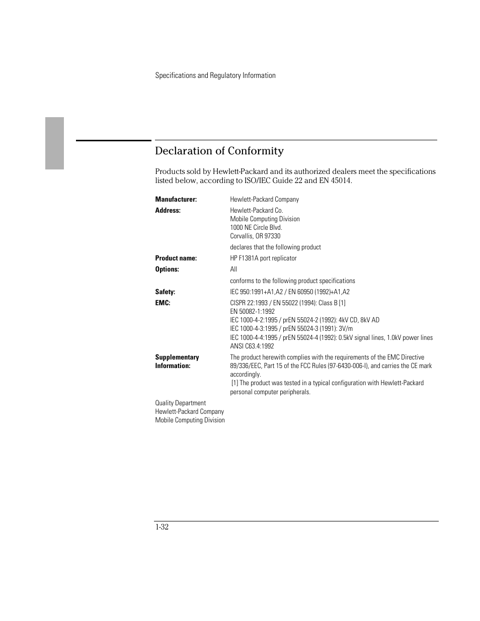 Declaration of conformity | HP OmniBook 3000 Notebook PC User Manual | Page 32 / 34