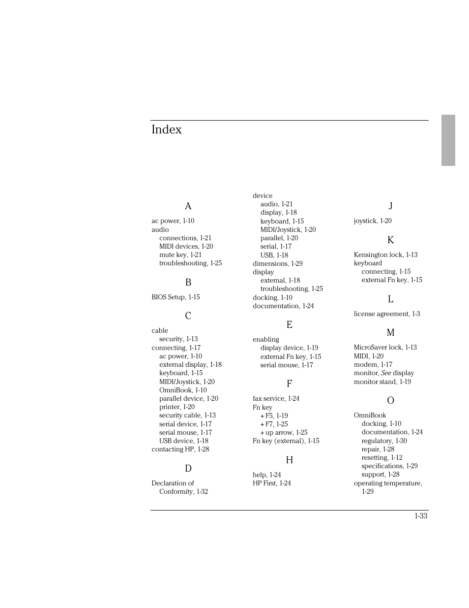 Index | HP OmniBook 3000 Notebook PC User Manual | Page 33 / 34