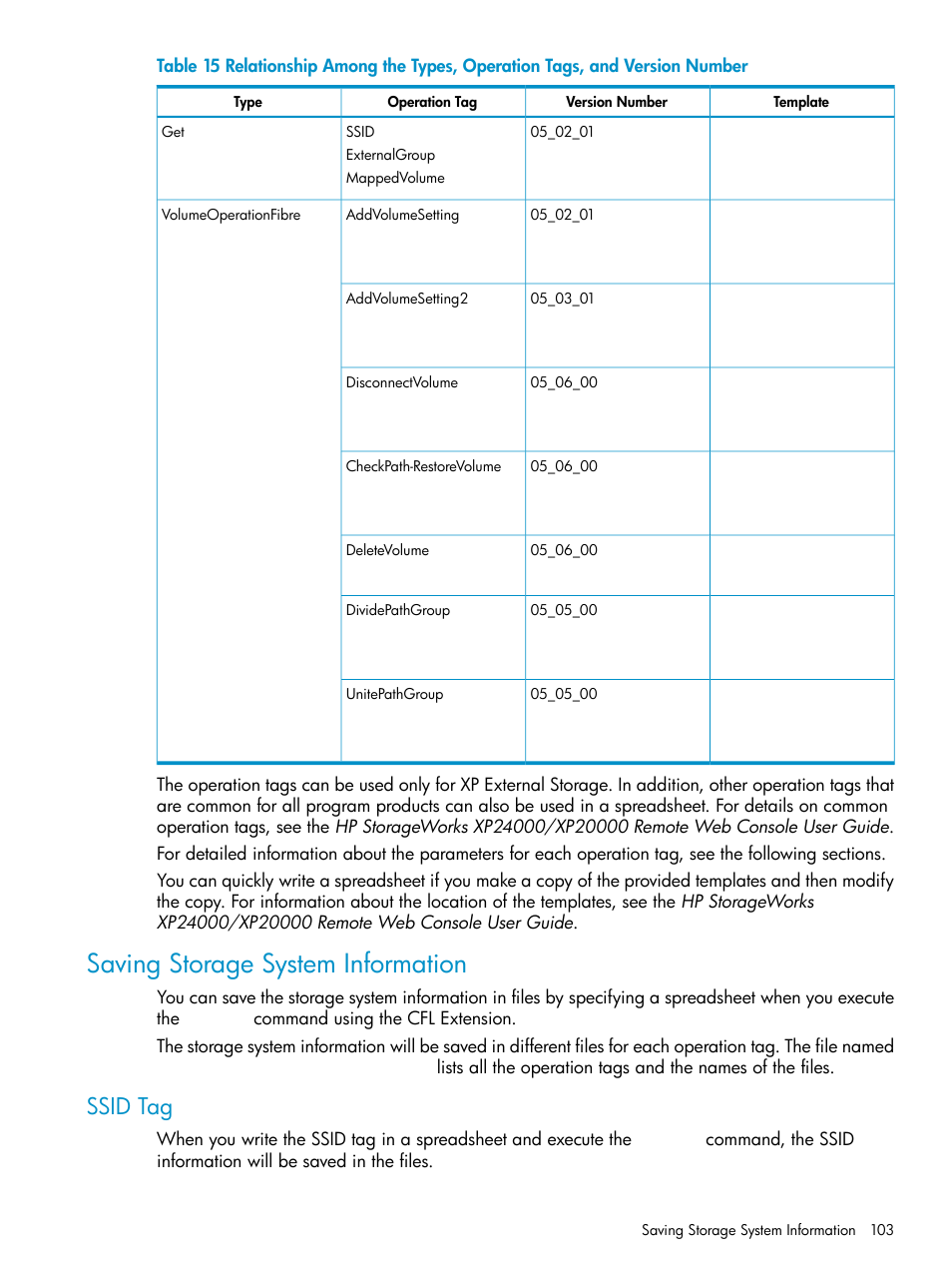 Saving storage system information, Ssid tag | HP XP External Storage Software User Manual | Page 103 / 170