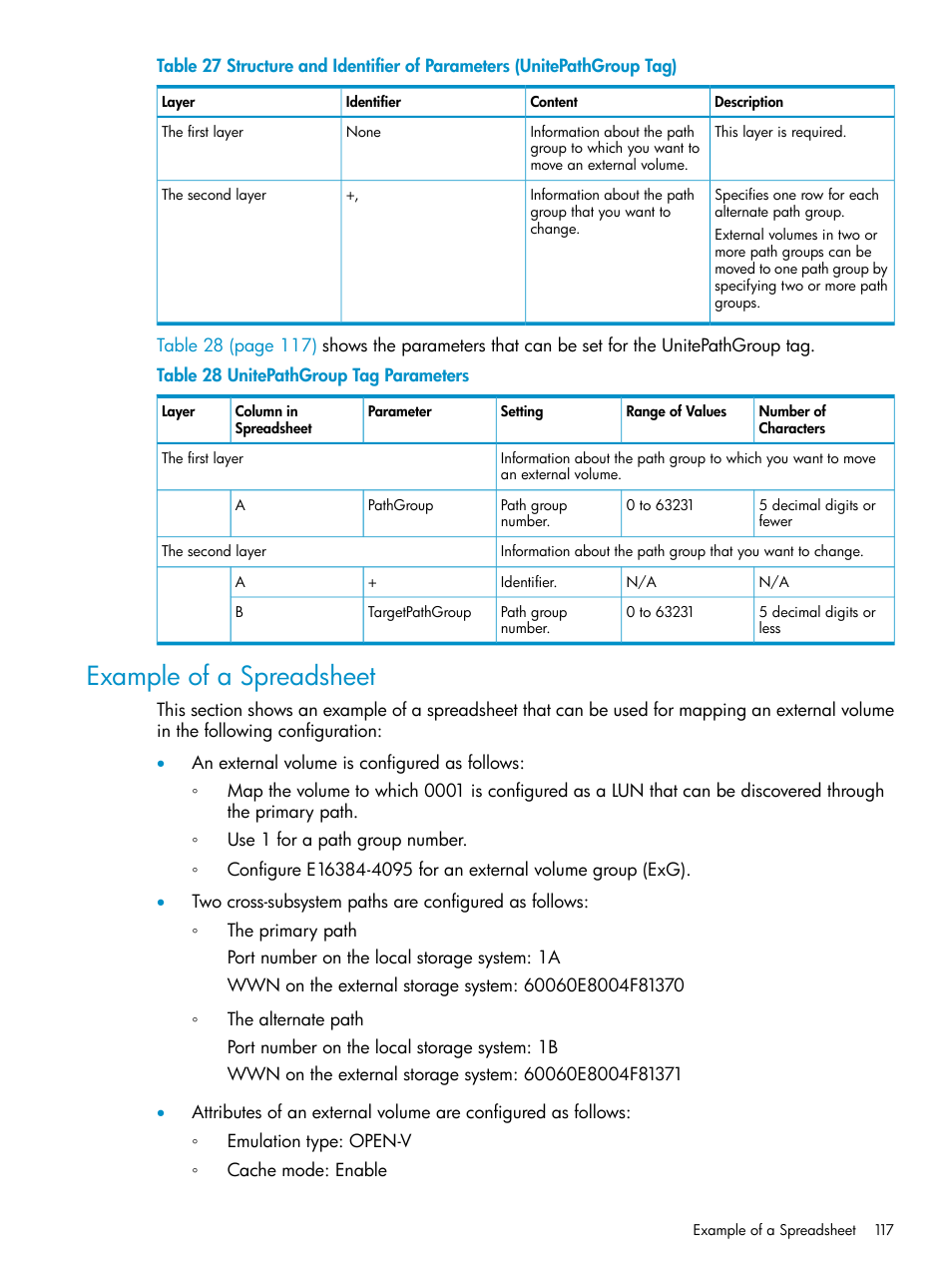 Example of a spreadsheet | HP XP External Storage Software User Manual | Page 117 / 170