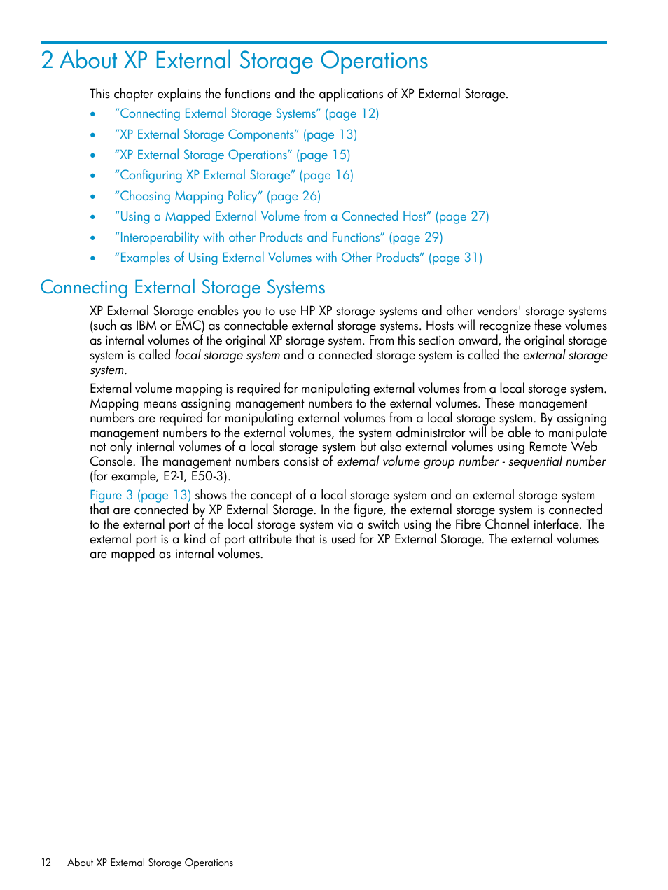 2 about xp external storage operations, Connecting external storage systems | HP XP External Storage Software User Manual | Page 12 / 170