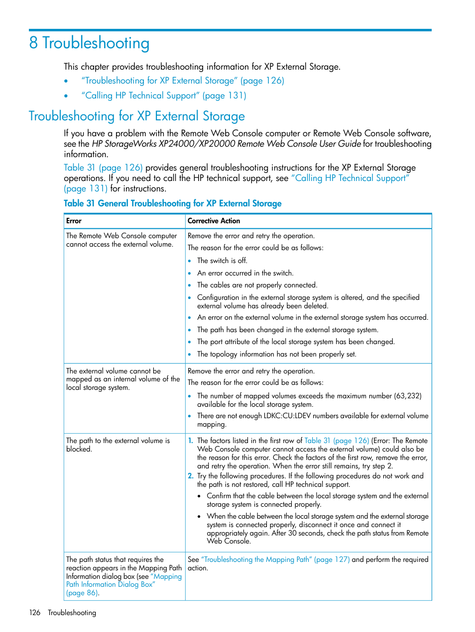 8 troubleshooting, Troubleshooting for xp external storage | HP XP External Storage Software User Manual | Page 126 / 170