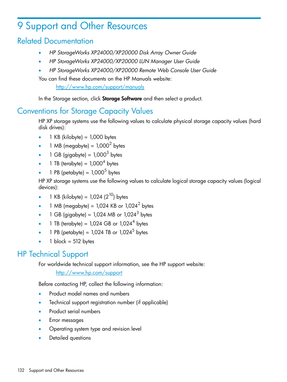 9 support and other resources, Related documentation, Conventions for storage capacity values | Hp technical support | HP XP External Storage Software User Manual | Page 132 / 170