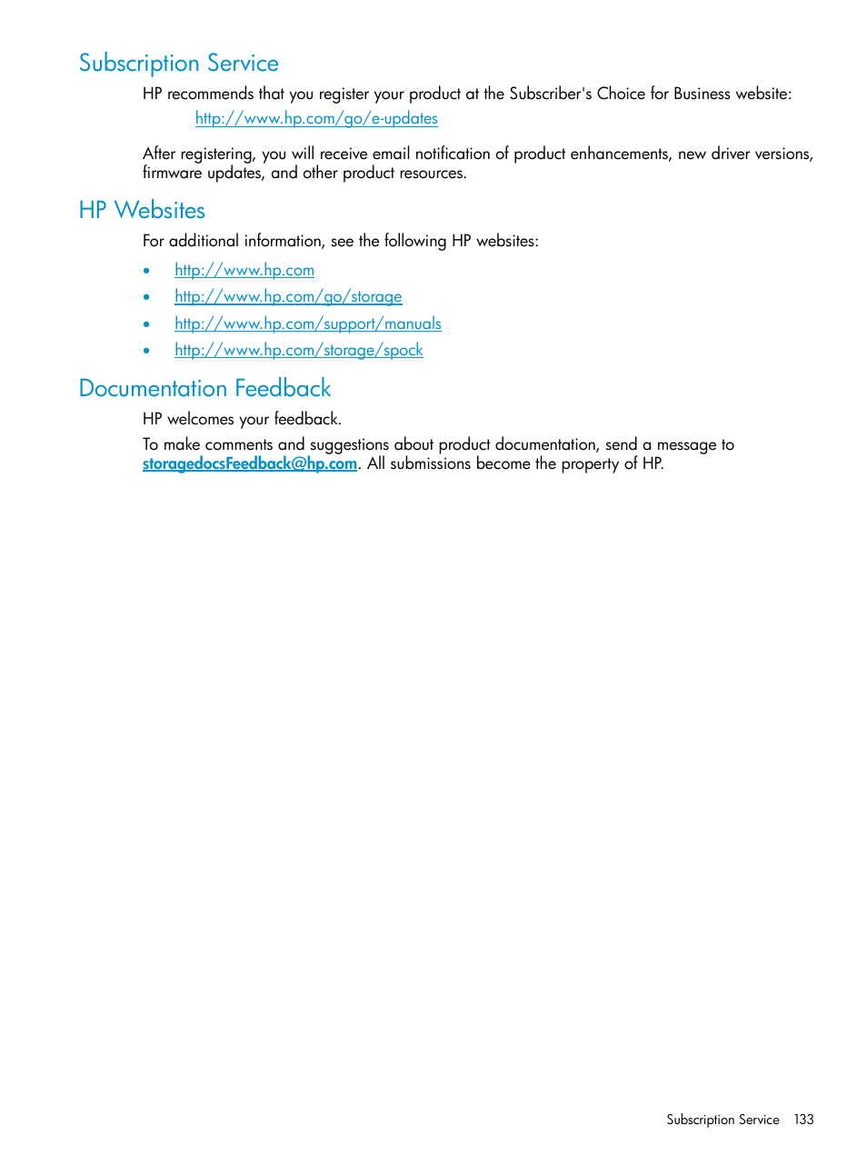 Subscription service, Hp websites, Documentation feedback | HP XP External Storage Software User Manual | Page 133 / 170