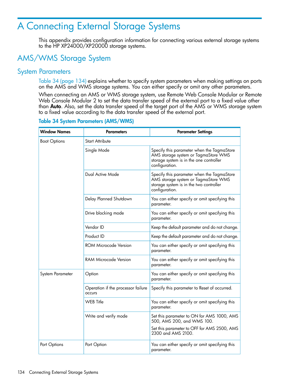 A connecting external storage systems, Ams/wms storage system, System parameters | Connecting external, Connecting external storage, Connecting | HP XP External Storage Software User Manual | Page 134 / 170