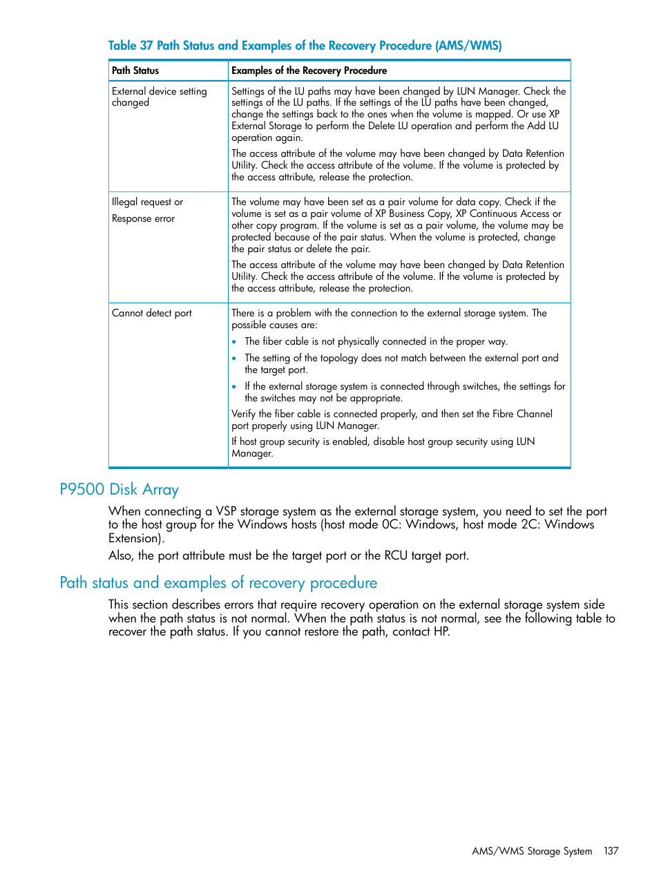 P9500 disk array, Path status and examples of recovery procedure | HP XP External Storage Software User Manual | Page 137 / 170