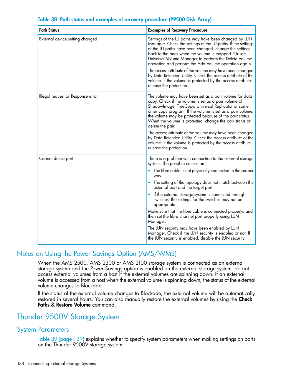 Notes on using the power savings option (ams/wms), Thunder 9500v storage system, System parameters | HP XP External Storage Software User Manual | Page 138 / 170