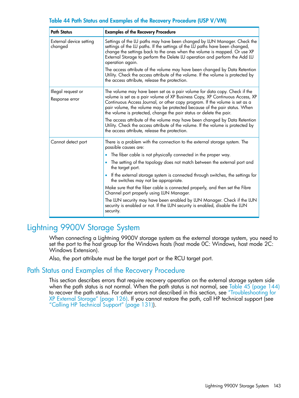 Lightning 9900v storage system, Path status and examples of the recovery procedure | HP XP External Storage Software User Manual | Page 143 / 170