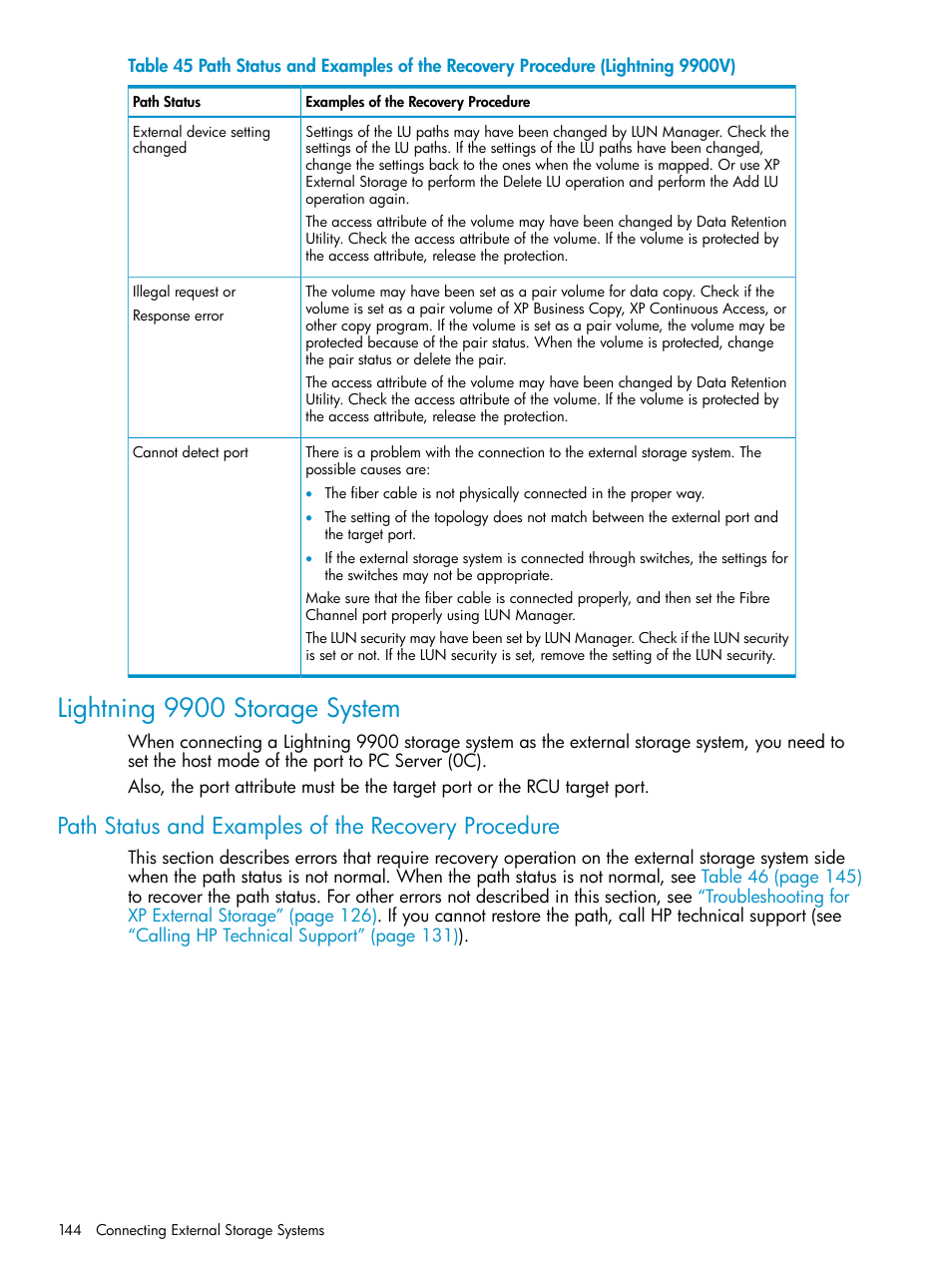 Lightning 9900 storage system, Path status and examples of the recovery procedure | HP XP External Storage Software User Manual | Page 144 / 170