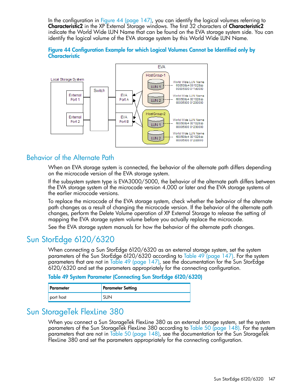 Behavior of the alternate path, Sun storedge 6120/6320, Sun storagetek flexline 380 | Sun storedge 6120/6320 sun storagetek flexline 380 | HP XP External Storage Software User Manual | Page 147 / 170