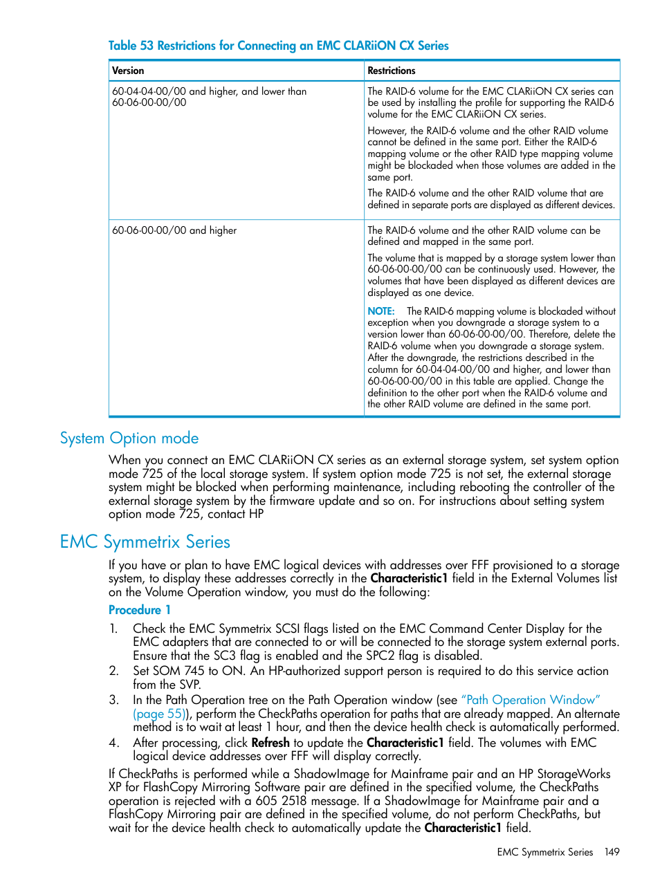 System option mode, Emc symmetrix series | HP XP External Storage Software User Manual | Page 149 / 170