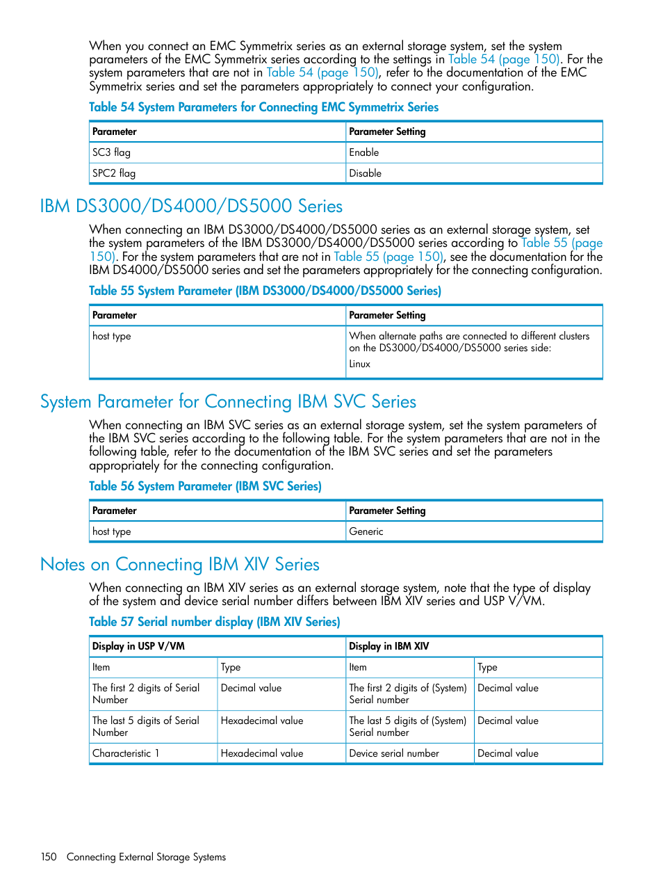 Ibm ds3000/ds4000/ds5000 series, System parameter for connecting ibm svc series, Notes on connecting ibm xiv series | HP XP External Storage Software User Manual | Page 150 / 170