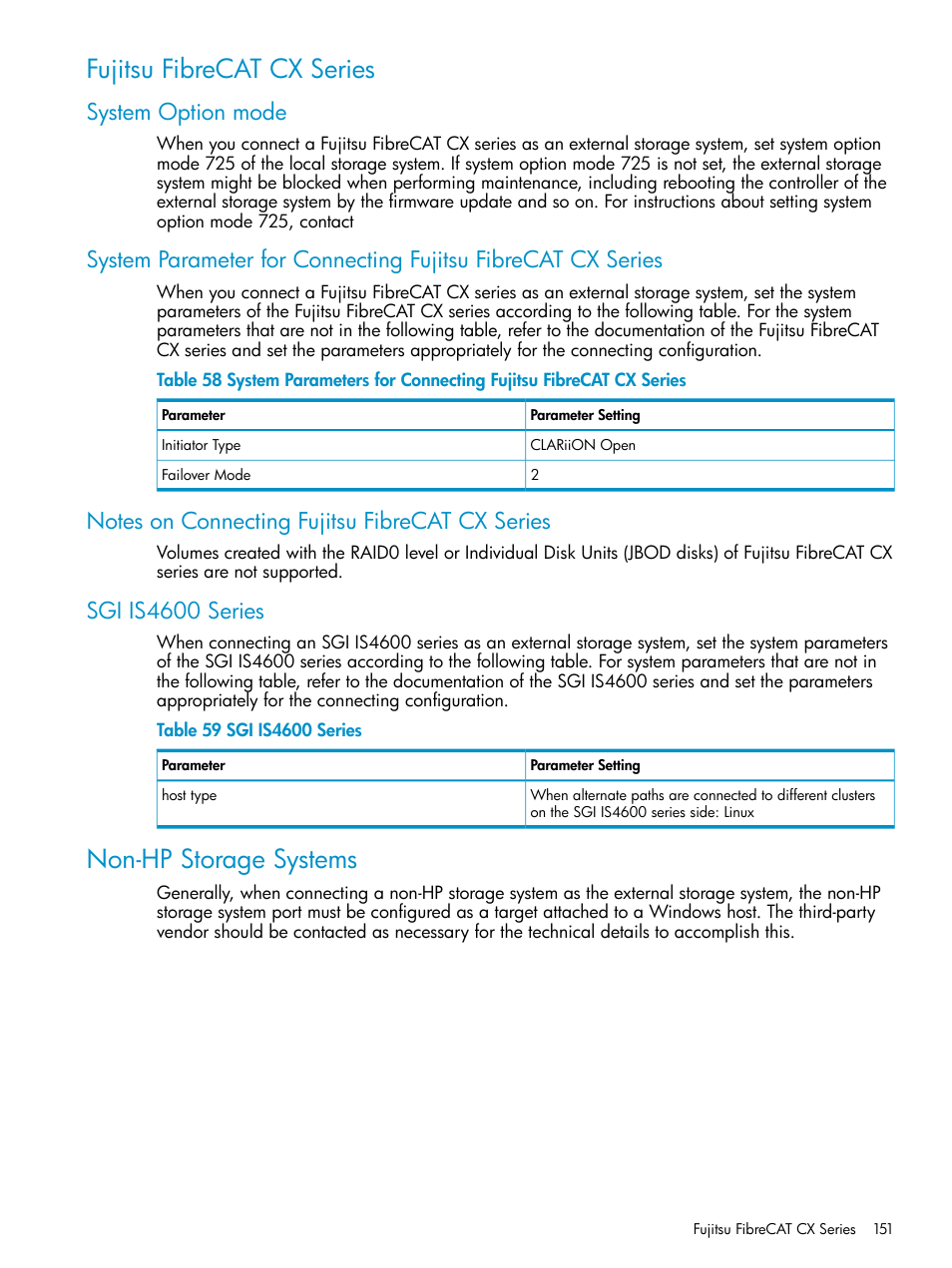 Fujitsu fibrecat cx series, System option mode, Notes on connecting fujitsu fibrecat cx series | Sgi is4600 series, Non-hp storage systems | HP XP External Storage Software User Manual | Page 151 / 170