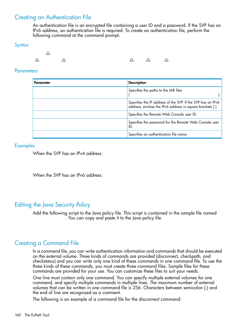 Creating an authentication file, Syntax, Parameters | Examples, Editing the java security policy, Creating a command file, Syntax parameters examples | HP XP External Storage Software User Manual | Page 160 / 170