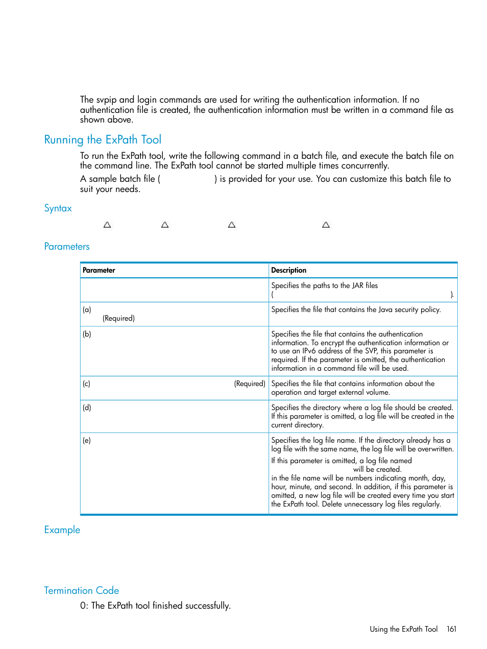 Running the expath tool, Syntax, Parameters | Example, Termination code, Syntax parameters example termination code | HP XP External Storage Software User Manual | Page 161 / 170