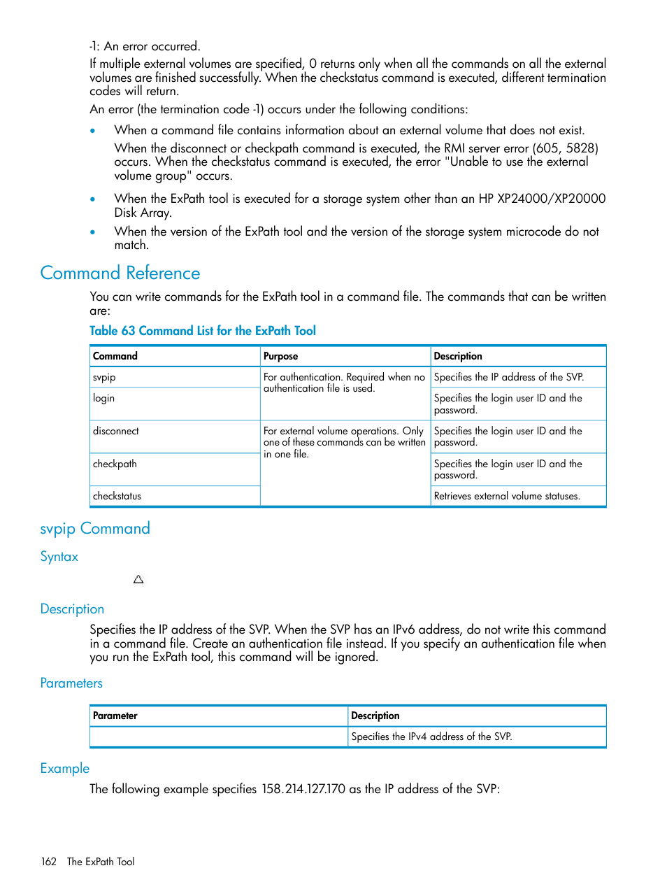 Command reference, Svpip command, Syntax | Description, Parameters, Example, Syntax description parameters example | HP XP External Storage Software User Manual | Page 162 / 170