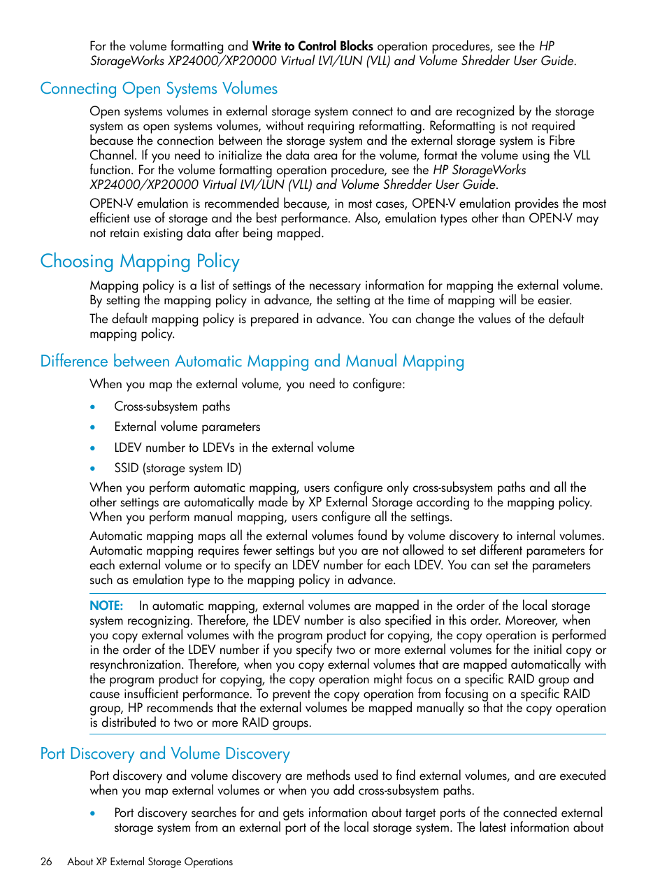 Connecting open systems volumes, Choosing mapping policy, Port discovery and volume discovery | Choosing | HP XP External Storage Software User Manual | Page 26 / 170