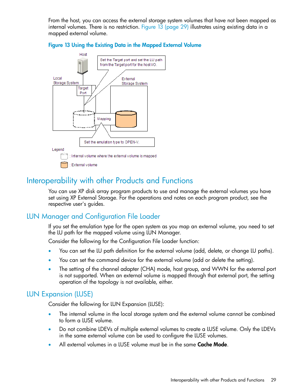 Interoperability with other products and functions, Lun manager and configuration file loader, Lun expansion (luse) | HP XP External Storage Software User Manual | Page 29 / 170